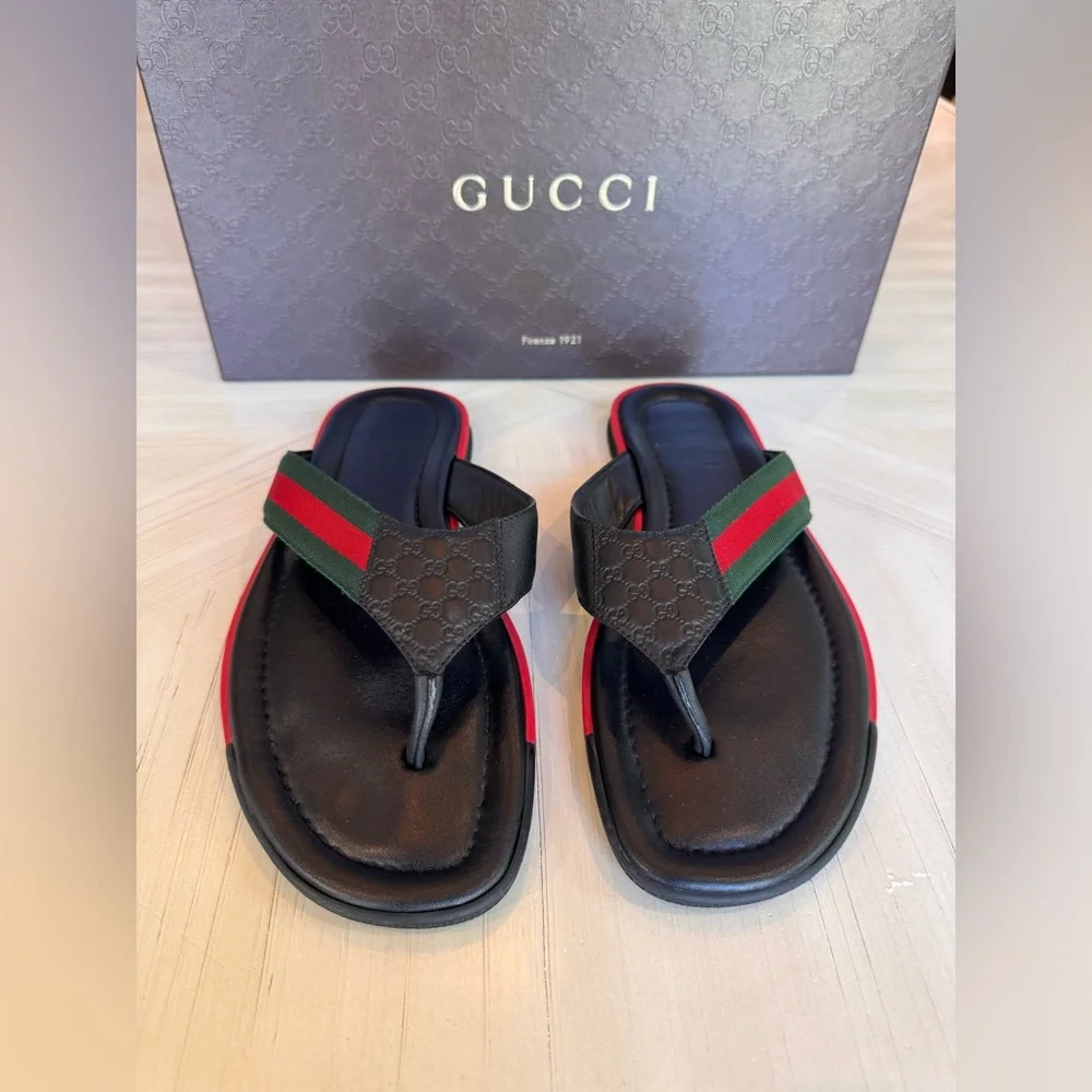 🔥GUCCI🔥 GG Microguccissima Web Thong Men’s Black Leather Sandal – Size 9